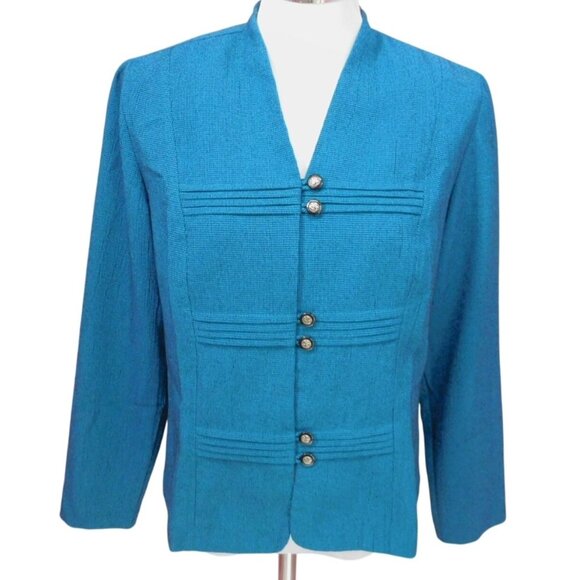 SALE Miss Dorby Petite Women Teal Textured Button-Front Blazer Jacket Sz 10 - Picture 1 of 8